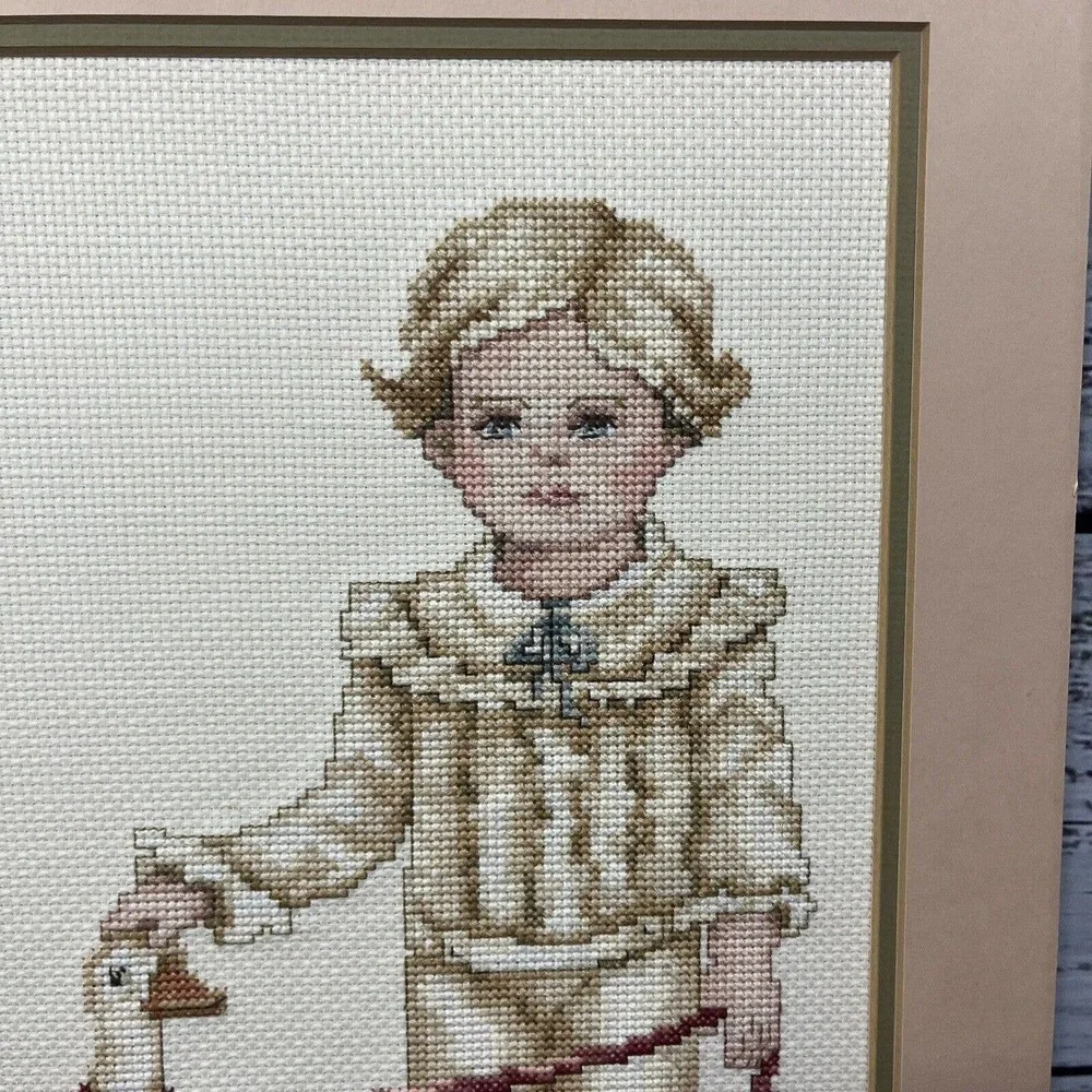 Vintage Finished Cross Stitch English Victorian Boy w/ Duck 1989 16x12